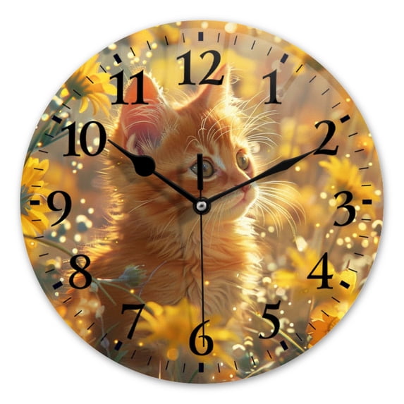 Battery Operated Analog Wall Clocks Non-Ticking Silent Modern Clock Decorative for Home,Office-Cute Ginger Kitten In The Midst Of Yellow Flowers(16inch)
