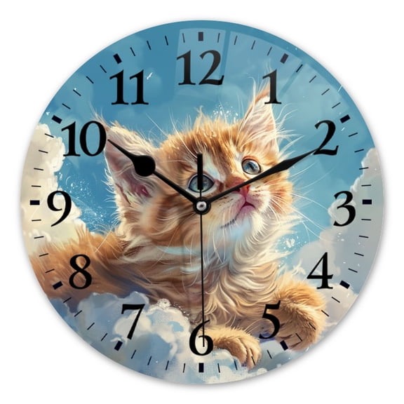 Battery Operated Analog Wall Clocks Non-Ticking Silent Modern Clock Decorative for Home,Office-Cute Orange Cat Flying In The Sky Surrounded By White Clouds And Blue Skies(10inch)
