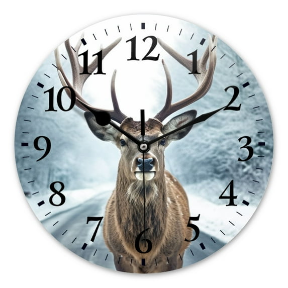 Battery Operated Analog Wall Clocks Non-Ticking Silent Modern Clock Decorative for Home,Office-Deer With Antlers Stands On The Side Of Icy Road(14inch)
