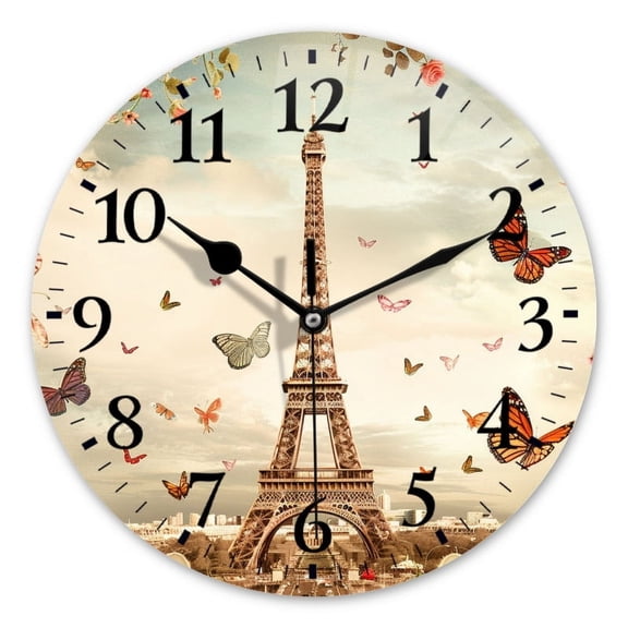 Battery Operated Analog Wall Clocks Non-Ticking Silent Modern Clock Decorative for Home,Office-Eiffel Tower Surrounded By Butterflies And Roses(10inch)