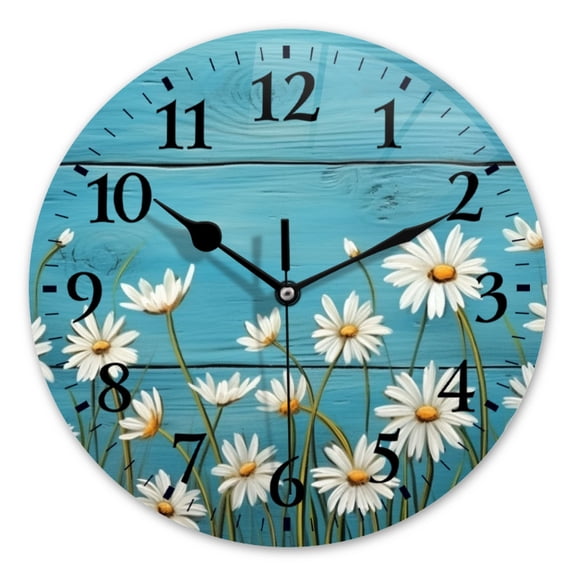 Battery Operated Analog Wall Clocks Non-Ticking Silent Modern Clock Decorative for Home,Office-Field Of White Daisies Painted On A Blue Wooden Background(12inch)