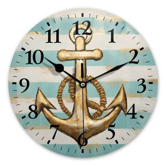 Battery Operated Analog Wall Clocks Non-Ticking Silent Modern Clock Decorative for Home,Office-Golden Nautical Anchor On A Background Of Turquoise And White Stripes(14inch)