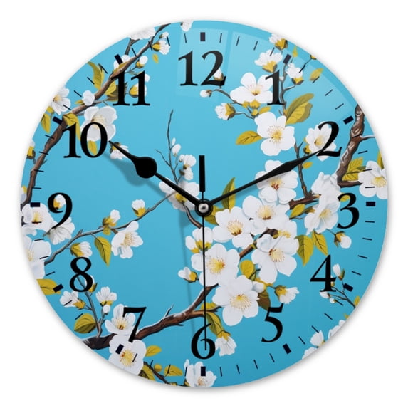 Battery Operated Analog Wall Clocks Non-Ticking Silent Modern Clock Decorative for Home,Office-Hand-Painted White Flowers On Cherry Tree Branches(14inch)