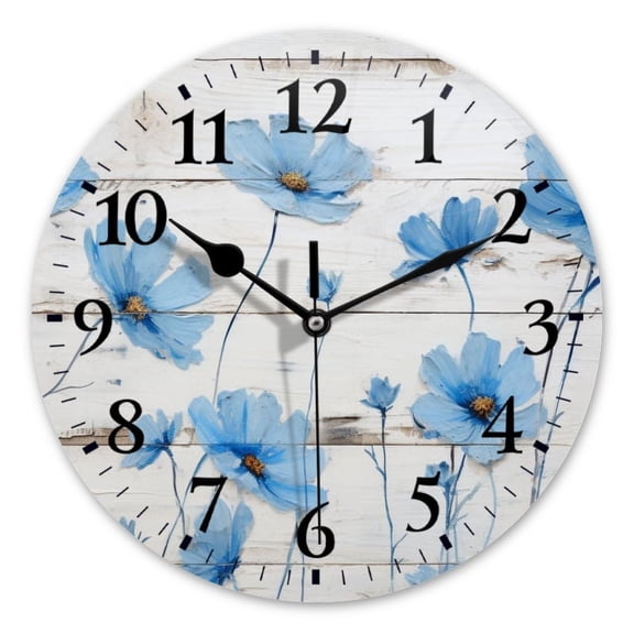 Battery Operated Analog Wall Clocks Non-Ticking Silent Modern Clock Decorative for Home,Office-Handpainted Blue Cosmos Flowers On White Wood Panel Wall(14inch)