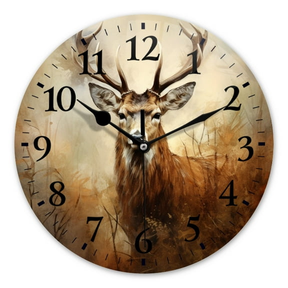 Battery Operated Analog Wall Clocks Non-Ticking Silent Modern Clock Decorative for Home,Office-Oil Painting Of Deer In The Forest With Style Of Oil Painting(12inch)