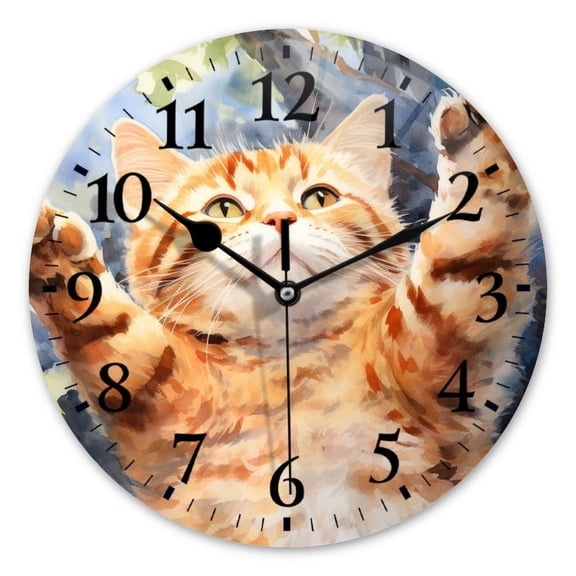 Battery Operated Analog Wall Clocks Non-Ticking Silent Modern Clock Decorative for Home,Office-Orange Cat With Paws Reaching Up Towards The Sky(14inch)