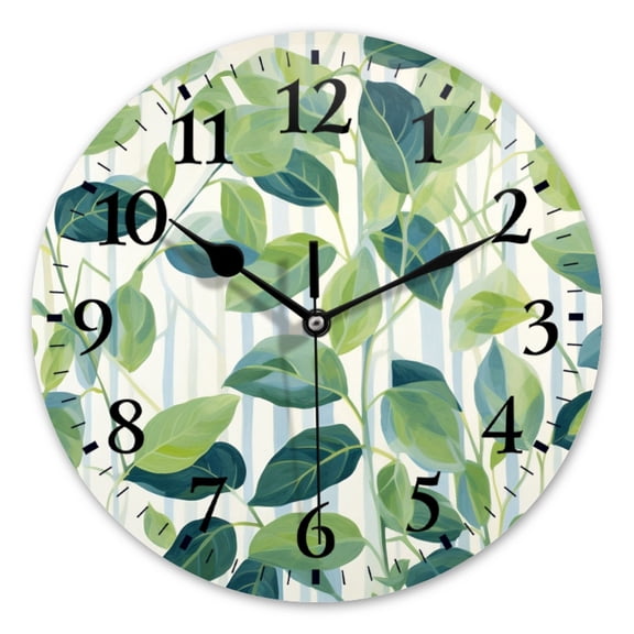 Battery Operated Analog Wall Clocks Non-Ticking Silent Modern Clock Decorative for Home,Office-Pattern Of Leaves And Vines Green With Blue Stripes(10inch)