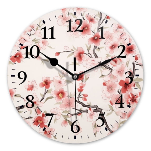 Battery Operated Analog Wall Clocks Non-Ticking Silent Modern Clock Decorative for Home,Office-Pattern Of Cherry Blossoms In Soft Pink And Red(16inch)
