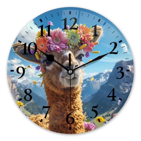 Battery Operated Analog Wall Clocks Non-Ticking Silent Modern Clock Decorative for Home,Office-Smiling Llama With Colorful Flower Crown On Head(14inch)