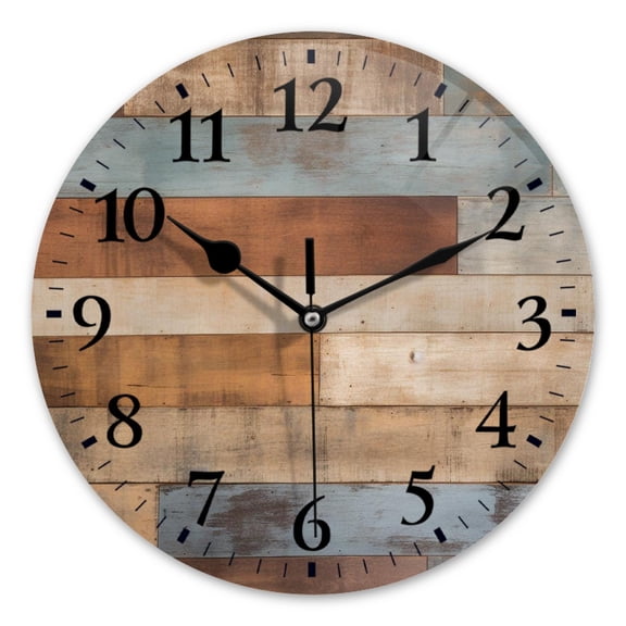 Battery Operated Analog Wall Clocks Non-Ticking Silent Modern Clock Decorative for Home,Office-The Background Wall Made Of Wooden Planks With Different Colors(10inch)