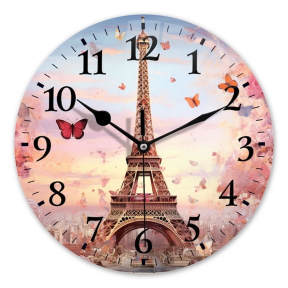 Battery Operated Analog Wall Clocks Non-Ticking Silent Modern Clock Decorative for Home,Office-The Eiffel Tower Surrounded By Blooming Roses And Butterflies(10inch)