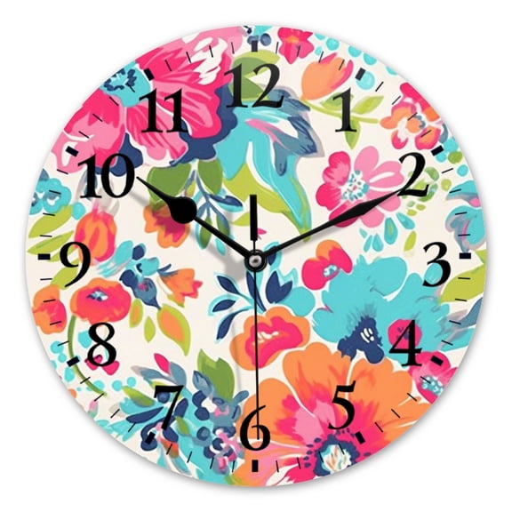 Battery Operated Analog Wall Clocks Non-Ticking Silent Modern Clock Decorative for Home,Office-Vibrant And Colorful Floral Pattern Featuring Bold Colors Like Coral Pink(10inch)