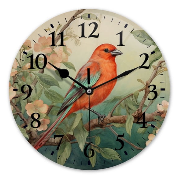 Battery Operated Analog Wall Clocks Non-Ticking Silent Modern Clock Decorative for Home,Office-Vivid Red Superb Starling Sitting On Apple Tree Branch(12inch)