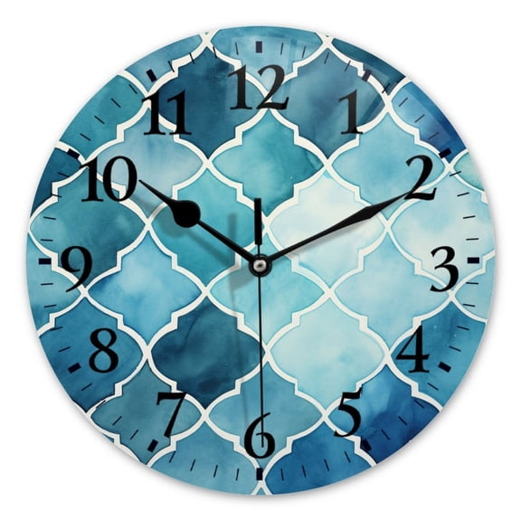Battery Operated Analog Wall Clocks Non-Ticking Silent Modern Clock Decorative for Home,Office-Watercolor Beautiful Blue Moroccan Tile Pattern(14inch)