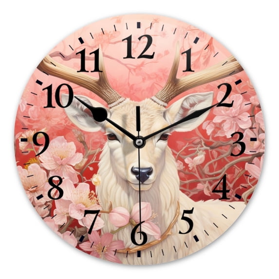 Battery Operated Analog Wall Clocks Non-Ticking Silent Modern Clock Decorative for Home,Office-White Deer With Antlers Surrounded By Pink Flowers(16inch)