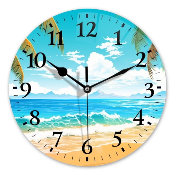 Battery Operated Analog Wall Clocks Non-Ticking Silent Modern Clock Decorative for Home,Office-Beach With Palm Trees And Waves Under Blue Sky(10inch)