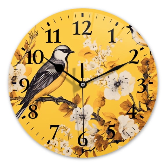 Battery Operated Analog Wall Clocks Non-Ticking Silent Modern Clock Decorative for Home,Office-Birds And Flowers On Yellow Background(14inch)