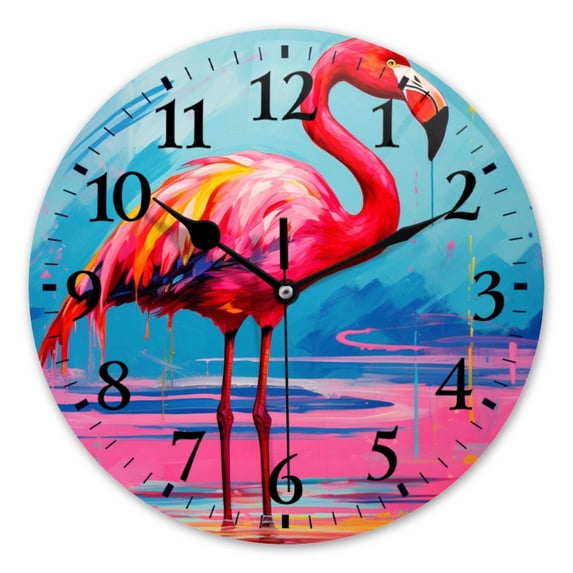 Battery Operated Analog Wall Clocks Non-Ticking Silent Modern Clock Decorative for Home,Office-Colorful Pink Flamingo Standing In The Water(16inch)