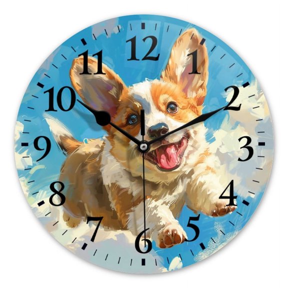 Battery Operated Analog Wall Clocks Non-Ticking Silent Modern Clock Decorative for Home,Office-Cute Corgi Puppy Soaring Through The Sky(14inch)