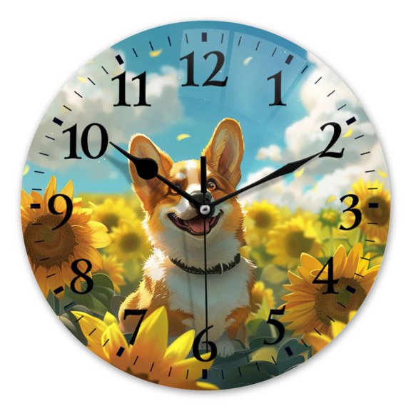 Battery Operated Analog Wall Clocks Non-Ticking Silent Modern Clock Decorative for Home,Office-Cute Corgi Smiles In The Sunflower Field(10inch)