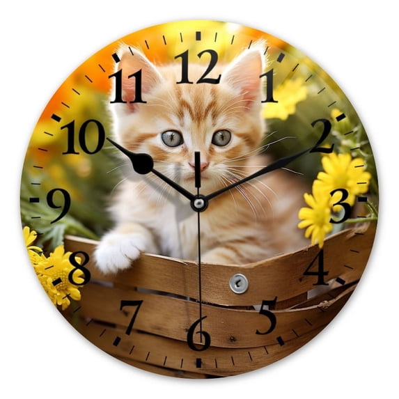 Battery Operated Analog Wall Clocks Non-Ticking Silent Modern Clock Decorative for Home,Office-Cute Kitten Sits In The Flower Basket(16inch)