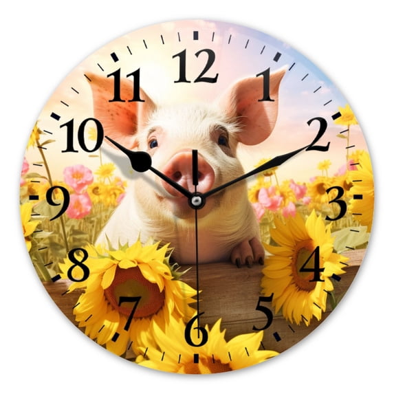 Battery Operated Analog Wall Clocks Non-Ticking Silent Modern Clock Decorative for Home,Office-Cute Pig In A Sunflower Field(14inch)