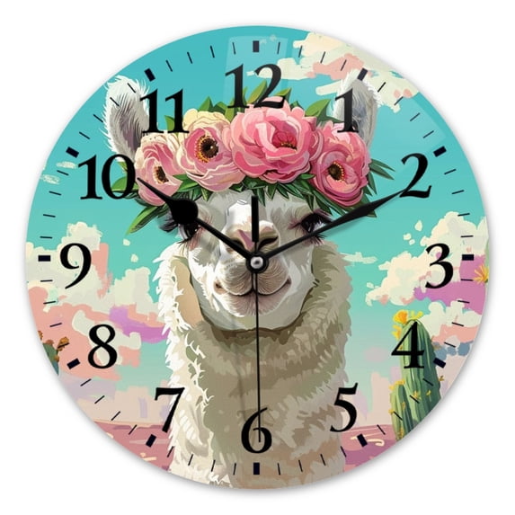 Battery Operated Analog Wall Clocks Non-Ticking Silent Modern Clock Decorative for Home,Office-Cute White Alpaca With Pink Flower Crown(16inch)
