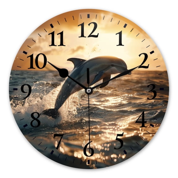 Battery Operated Analog Wall Clocks Non-Ticking Silent Modern Clock Decorative for Home,Office-Dolphins Jumping Out Of The Water At Sunset(12inch)