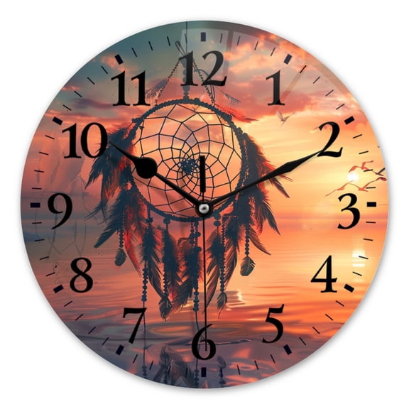 Battery Operated Analog Wall Clocks Non-Ticking Silent Modern Clock Decorative for Home,Office-Dreamcatcher With Sunset Background(10inch)