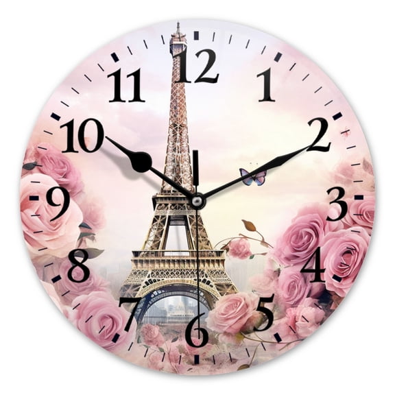 Battery Operated Analog Wall Clocks Non-Ticking Silent Modern Clock Decorative for Home,Office-Eiffel Tower Surrounded By Pink Roses(10inch)