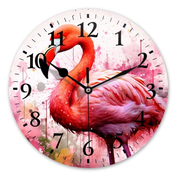 Battery Operated Analog Wall Clocks Non-Ticking Silent Modern Clock Decorative for Home,Office-Flamingo In Watercolor Splashes(14inch)
