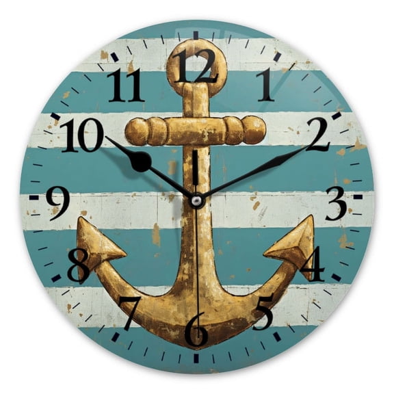 Battery Operated Analog Wall Clocks Non-Ticking Silent Modern Clock Decorative for Home,Office-Golden Anchor On Aquamarine Striped Background(12inch)