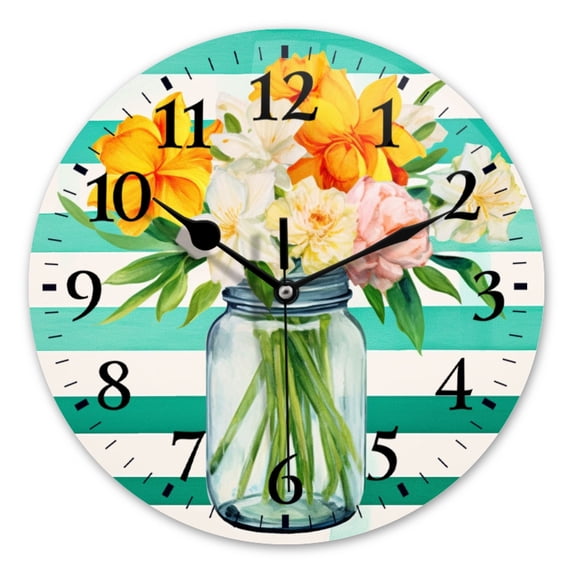 Battery Operated Analog Wall Clocks Non-Ticking Silent Modern Clock Decorative for Home,Office-Mason Jar Filled With Spring Flowers(10inch)