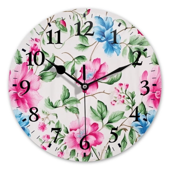 Battery Operated Analog Wall Clocks Non-Ticking Silent Modern Clock Decorative for Home,Office-Pink And Blue Floral Print On White Background(10inch)