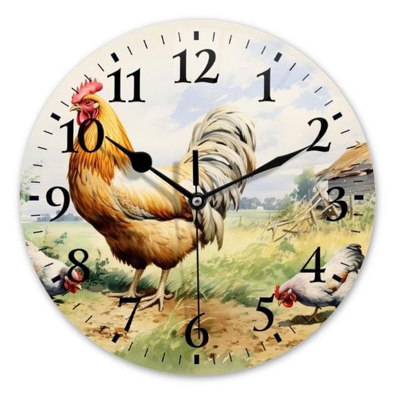 Battery Operated Analog Wall Clocks Non-Ticking Silent Modern Clock Decorative for Home,Office-Rooster Standing On The Grass(10inch)
