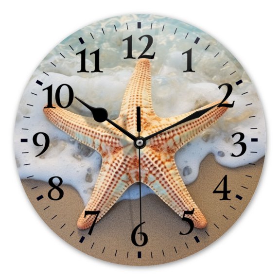 Battery Operated Analog Wall Clocks Non-Ticking Silent Modern Clock Decorative for Home,Office-Starfish On The Beach With Waves(12inch)