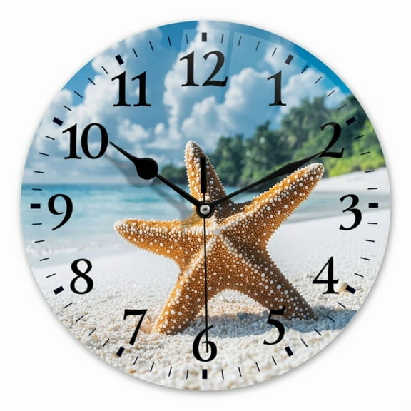 Battery Operated Analog Wall Clocks Non-Ticking Silent Modern Clock Decorative for Home,Office-Starfish Sitting On The Sand(10inch)