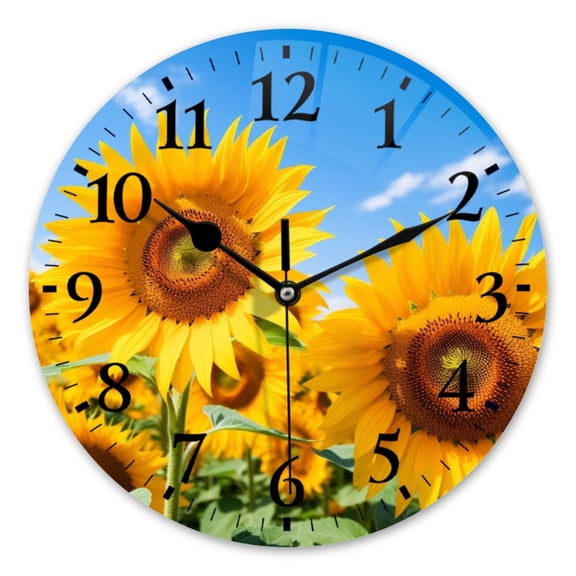 Battery Operated Analog Wall Clocks Non-Ticking Silent Modern Clock Decorative for Home,Office-Sunflower Field With Blue Sky Background(10inch)