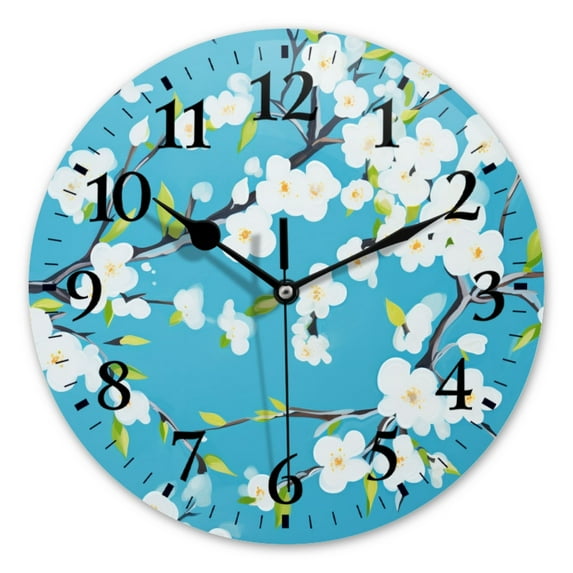 Battery Operated Analog Wall Clocks Non-Ticking Silent Modern Clock Decorative for Home,Office-White Cherry Blossom On A Blue Background(14inch)