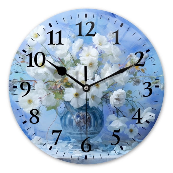 Battery Operated Analog Wall Clocks Non-Ticking Silent Modern Clock Decorative for Home,Office-White Flowers In Vase Against Blue Background(10inch)
