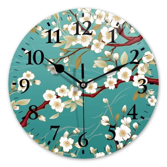 Battery Operated Analog Wall Clocks Non-Ticking Silent Modern Clock Decorative for Home,Office-White Flowers On Turquoise Background(14inch)