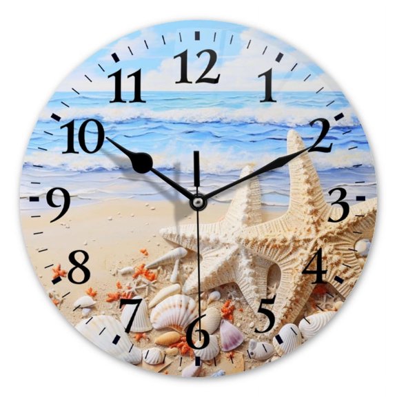 Battery Operated Analog Wall Clocks Non-Ticking Silent Modern Clock Decorative for Home,Office-White Starfish And Seashells On The Beach(10inch)