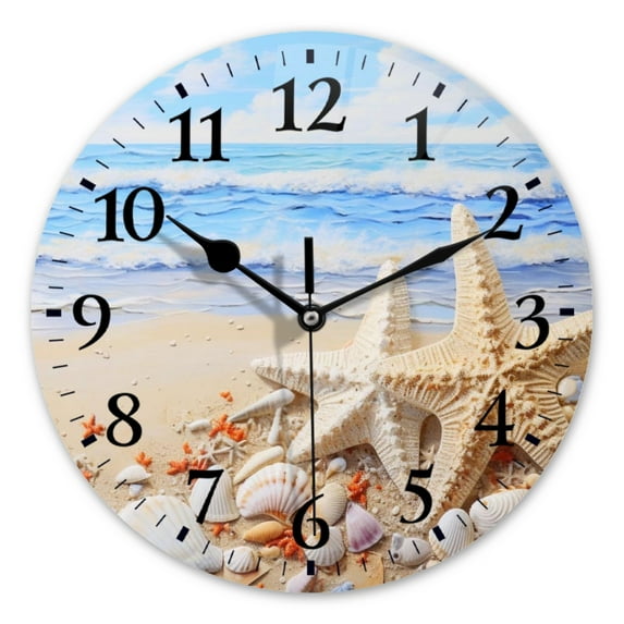 Battery Operated Analog Wall Clocks Non-Ticking Silent Modern Clock Decorative for Home,Office-White Starfish And Seashells On The Beach(16inch)