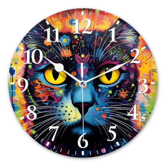Battery Operated Analog Wall Clocks Non-Ticking Silent Round Clock Decorative for Office,Kitchen,Bedroom-Beautiful Cat In The Style Of Acrylic Painting(14inch)