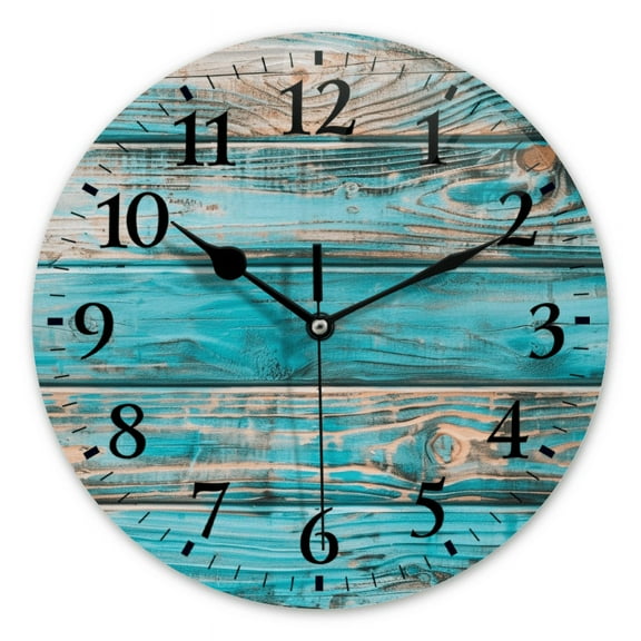 Battery Operated Analog Wall Clocks Non-Ticking Silent Round Clock Decorative for Office,Kitchen,Bedroom-Blue Wood Planks Rustic Wood Wall Texture(12inch)