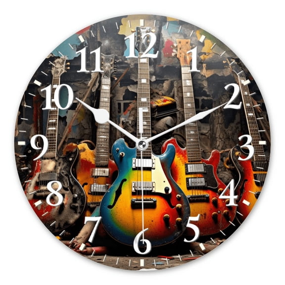 Round Wall Clock,Guitars With Different Color And Appearing Worn,Silent Non-Ticking Wall Clock Decor for Home Office Kitchen Living Room Bedroom(10inch)