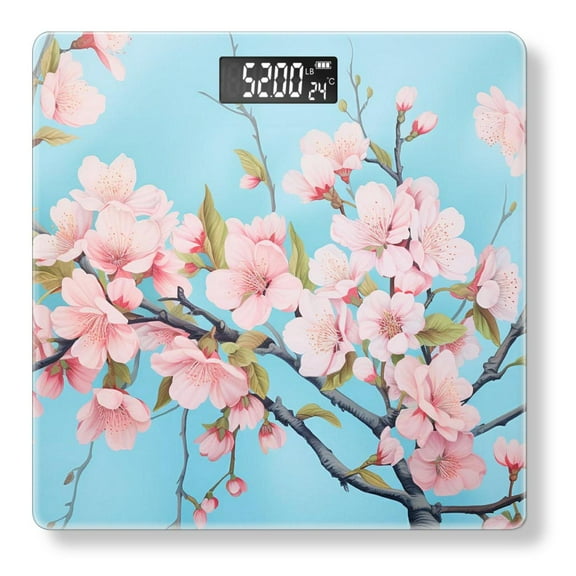 Battery Operated Bathroom Scale Weight Digital Body Scale Personalized Decor Scale with Backlit Display for Bathroom(400 lbs)-Romantic Pink Cherry Blossoms on Branches in Spring
