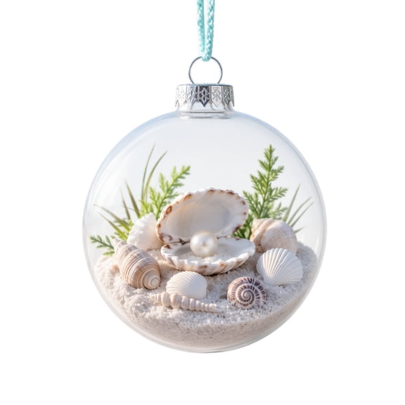 Battery Operated Beach Theme Christmas Ornament with Faux Seashells, 1 Pack, Clear and Silver, for Coastal Home Decor, Christmas Tree Decorations