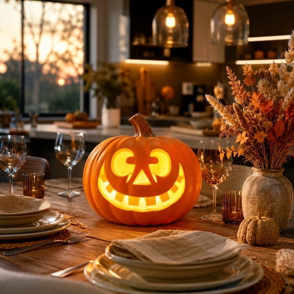 Battery Operated Carved Pumpkin Light, 14-Inch Large LED Jack-O-Lantern Tabletop Ornament for Indoor Outdoor Porch Yard Halloween Decor