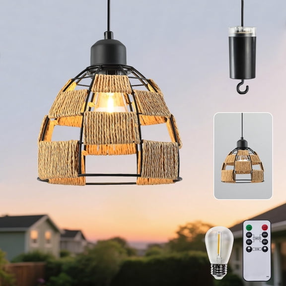Battery Operated Chandelier with Remote & Timer, 7" Rattan Hanging Pendant Light, 4*AA Powered Cordless Outdoor Indoor Light, Dimmable Outdoor Chandeliers for Gazebo Porch Patio Bedroom Decor1P